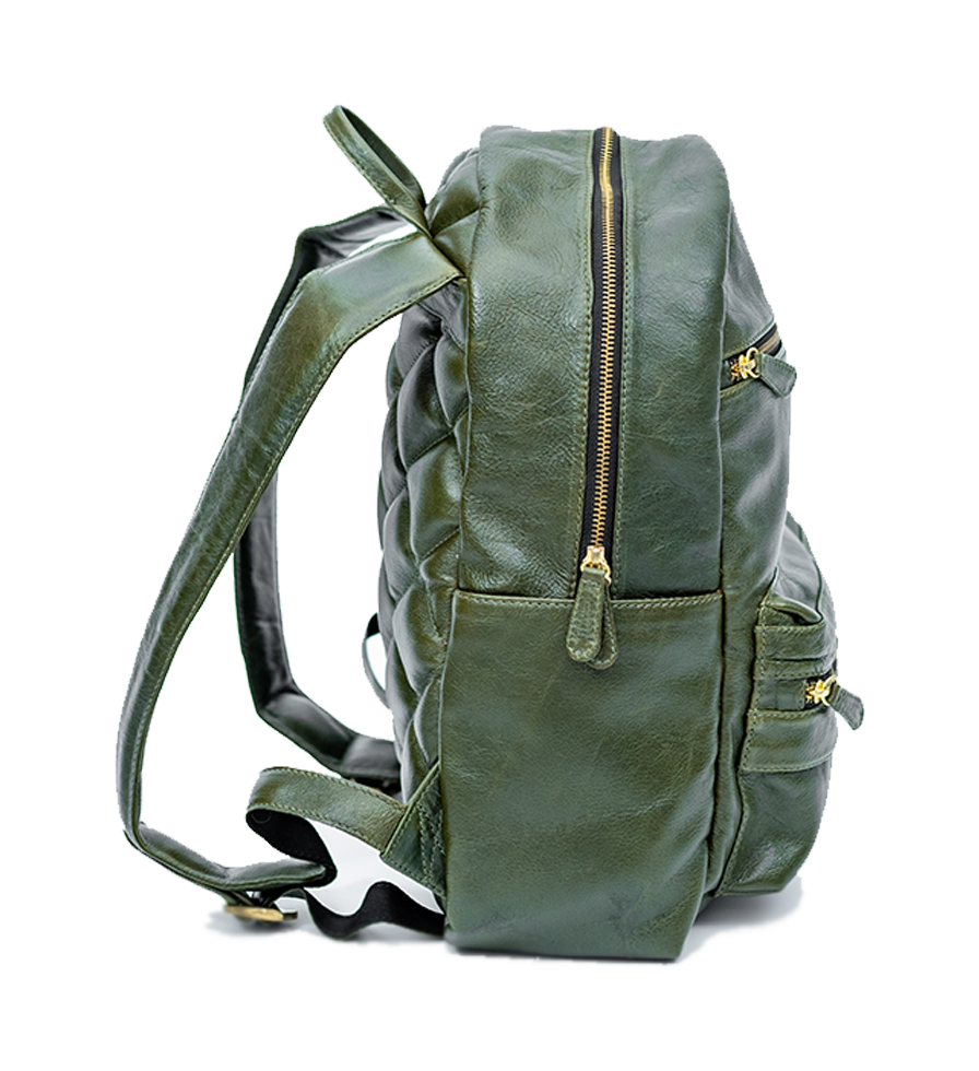 Side view of the CHARGEO Morningside Avocado leather backpack Side view of the CHARGEO Morningside Avocado leather backpack