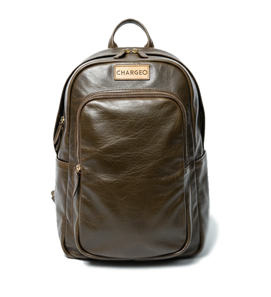 Front view of CHARGEO Park Town Backpack in Avocado leather