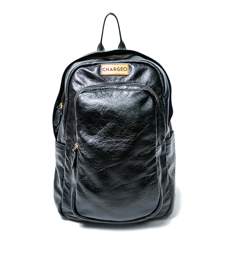 Front view of CHARGEO Park Town Backpack in Charcoal leather.