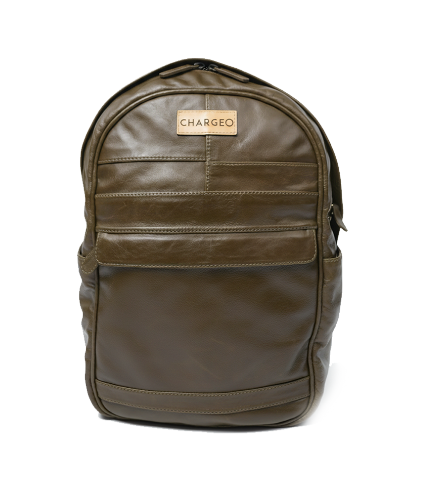 Front view of CHARGEO Sandton Backpack in Avocado leather.