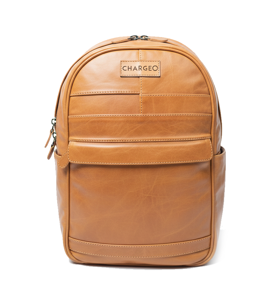 Front view of CHARGEO Sandton Backpack in Butter tan leather.