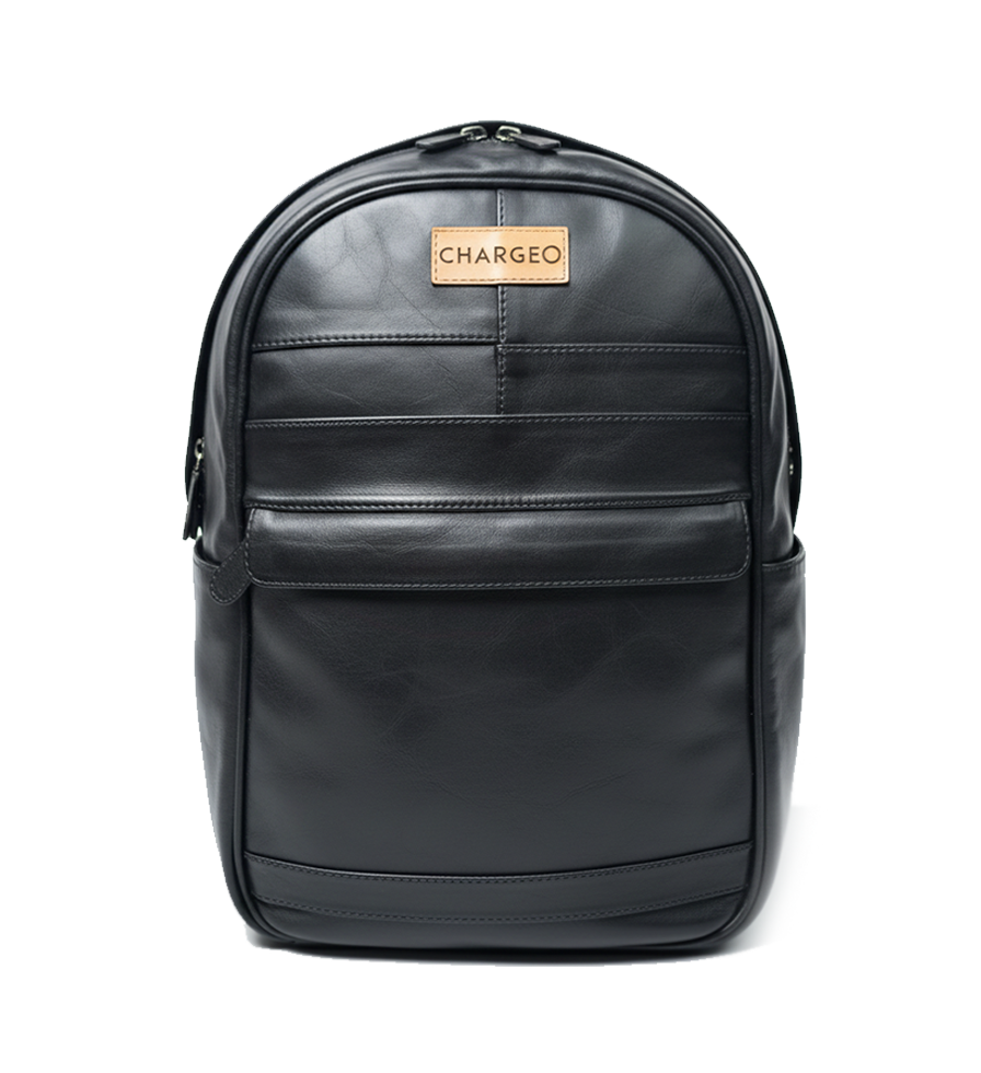 Front view of CHARGEO Sandton Backpack in Charcoal leather.