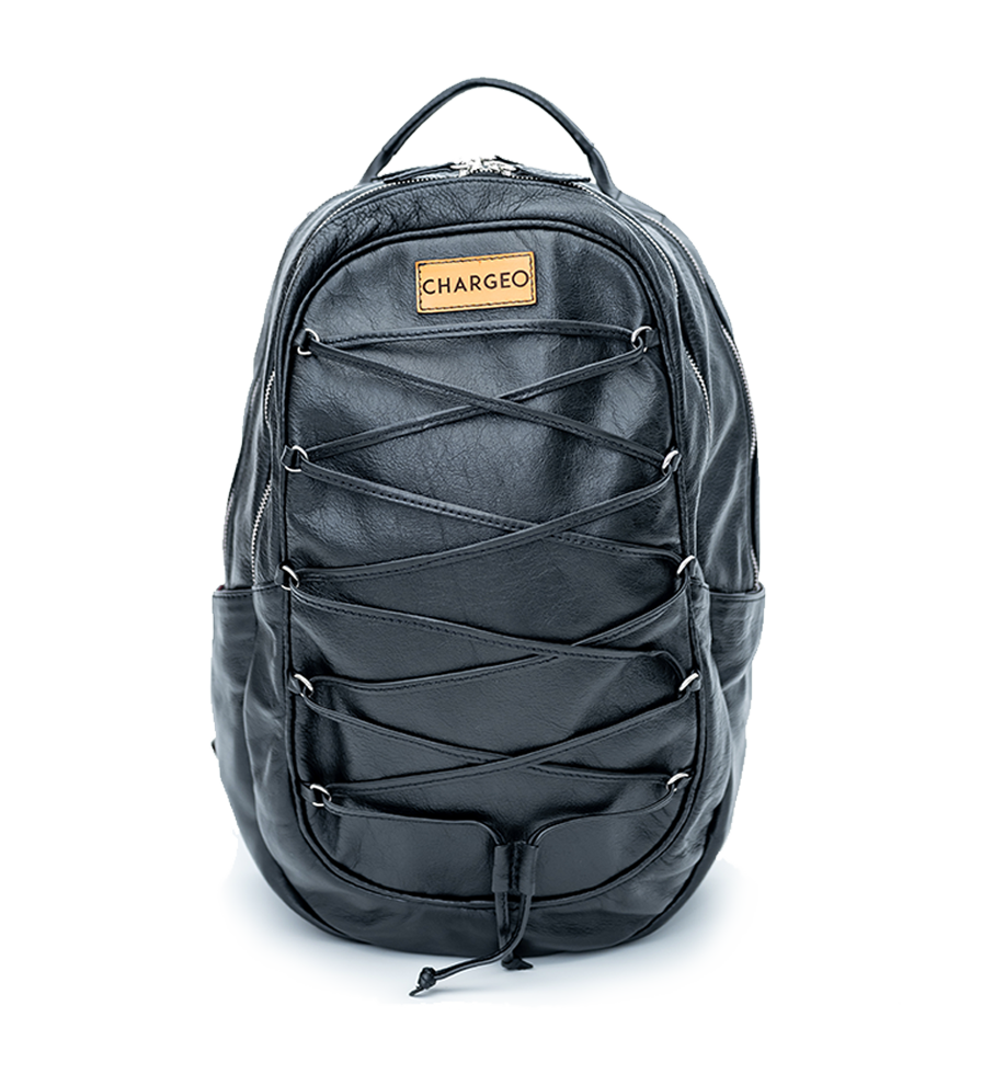 CHARGEO Cape Town luxury Front view of the Charcoal leather backpack