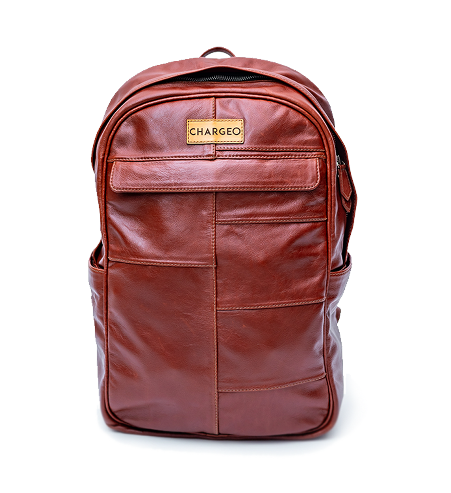 CHARGEO Stellenbosch Cognac leather backpack front view