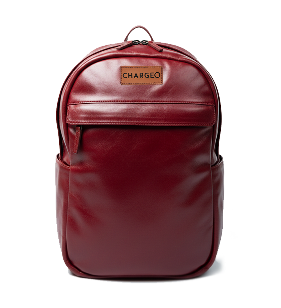 Front view of CHARGEO Waterfall Backpack in RedRuby leather