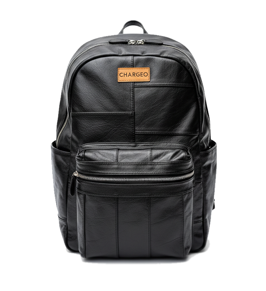 CHARGEO Leather Westville Backpack Charcoal front view.