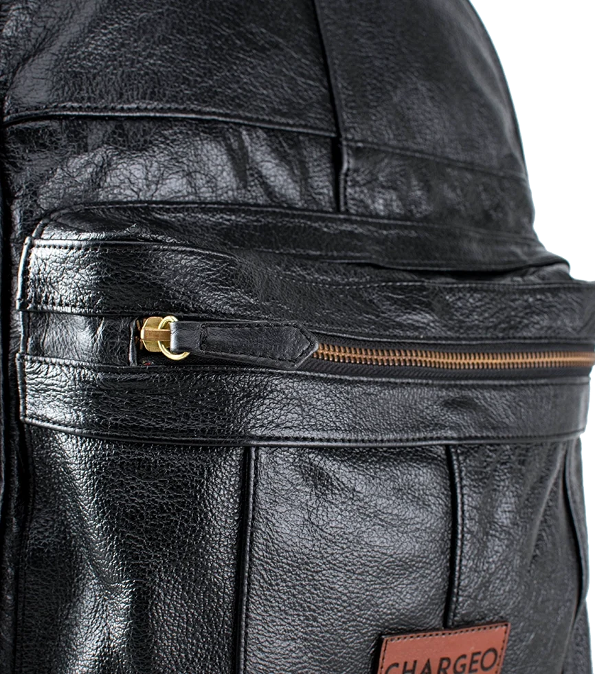 Close Up view of the CHARGEO Hyde Park Charcoal leather backpack