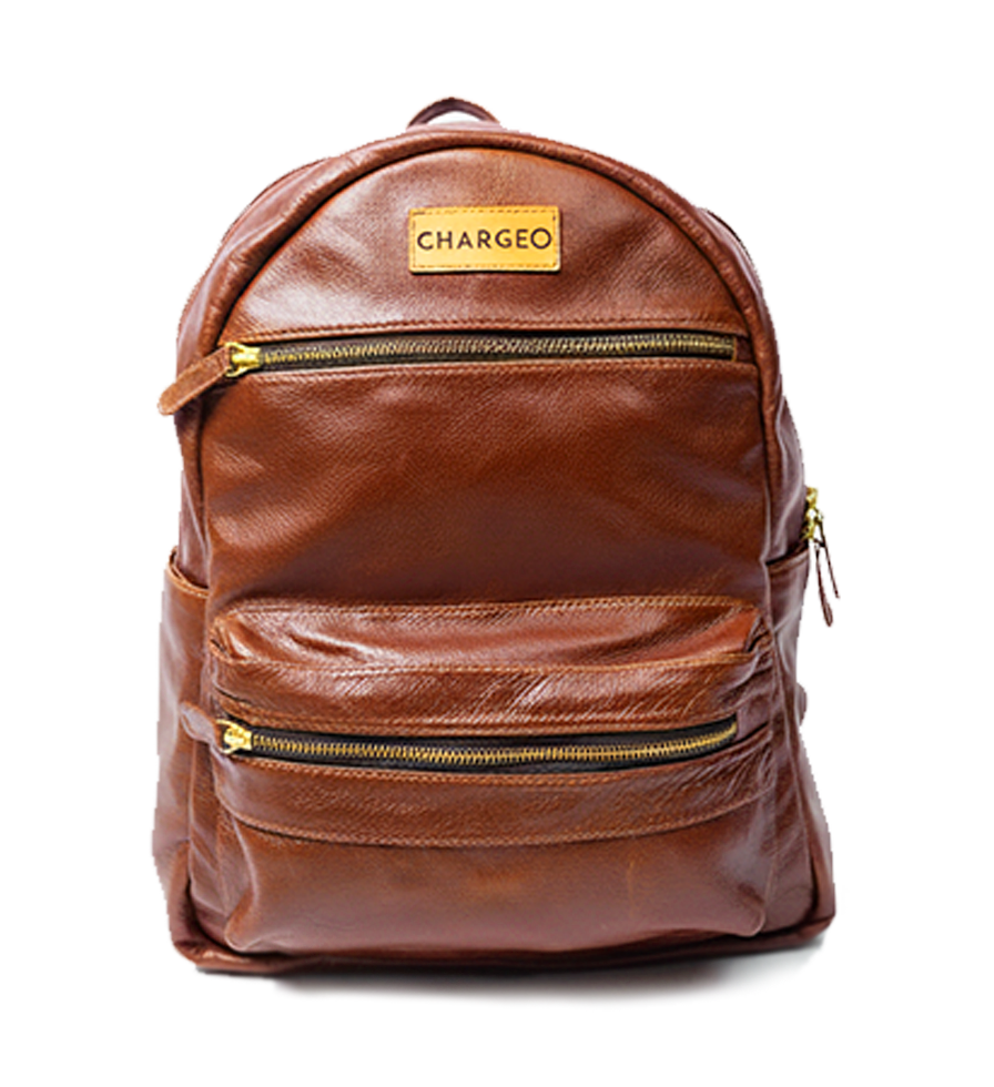 Front view of the CHARGEO Morningside Cognac leather backpack