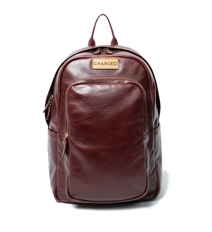 Front view of CHARGEO Park Town Backpack in Cognac leather.
