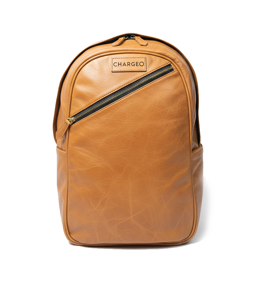 Front view of CHARGEO Pretoria Backpack in Butter Tan leather.