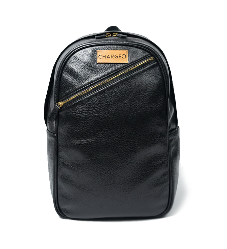 Front view of CHARGEO Pretoria Backpack in Charcoal leather.