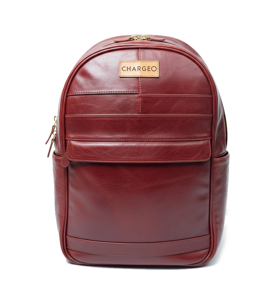 Front view of CHARGEO Sandton Backpack in RedRuby leather.