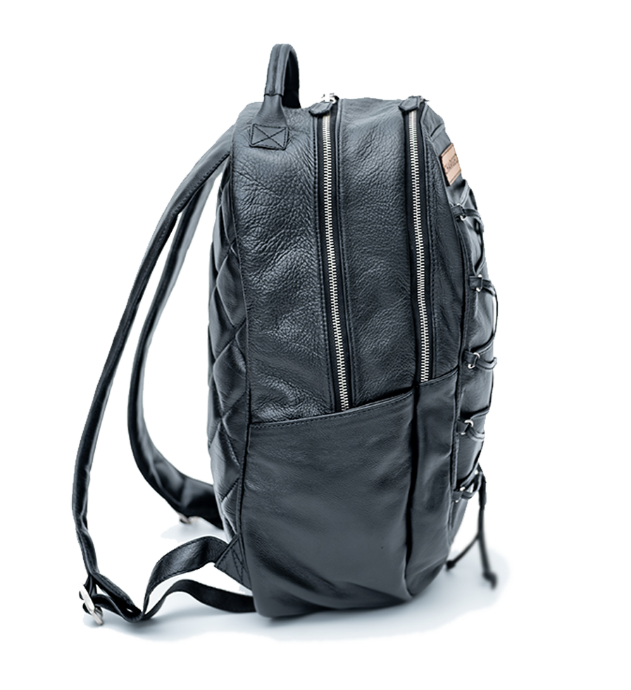CHARGEO Cape Town luxury Side view of the Charcoal leather backpack
