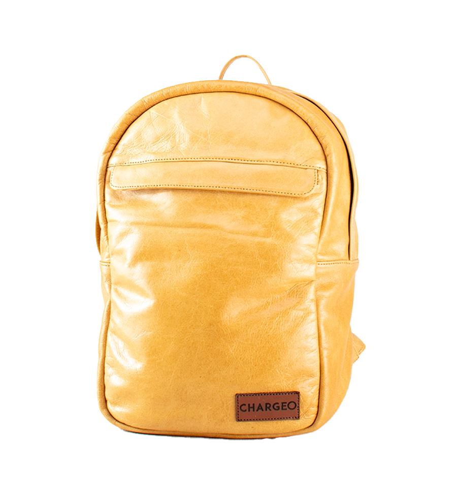 Front view of CHARGEO Waterfall Backpack in Butter Tan leather