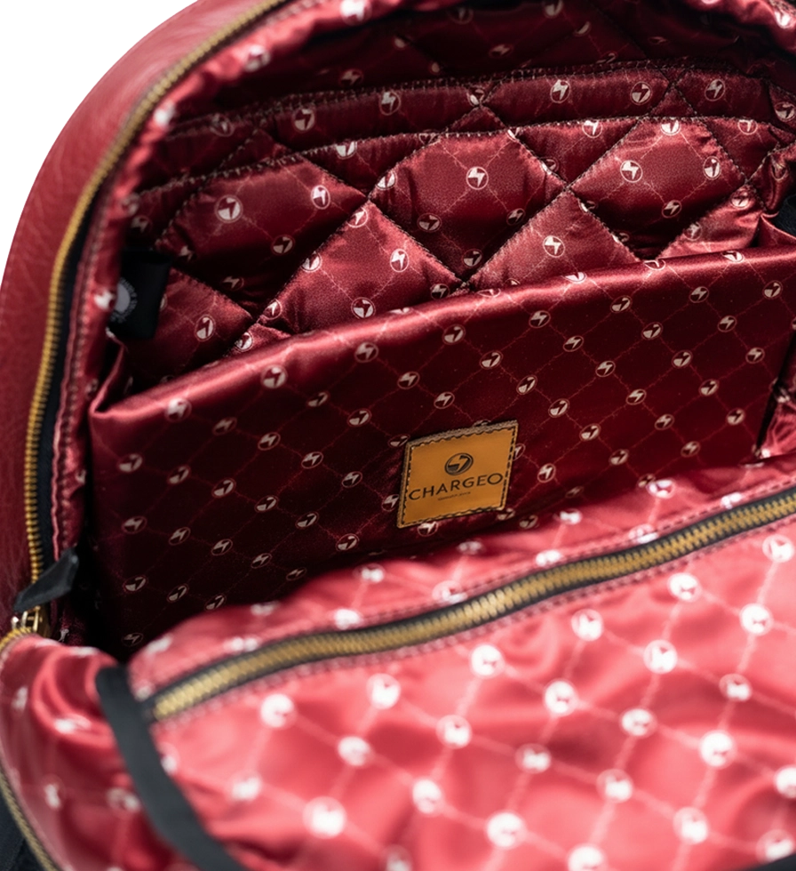 Chargeo Leather Bag Pretoria Red Ruby Close up Inside View Chargeo Leather Bag Pretoria Red Ruby Close up Inside View