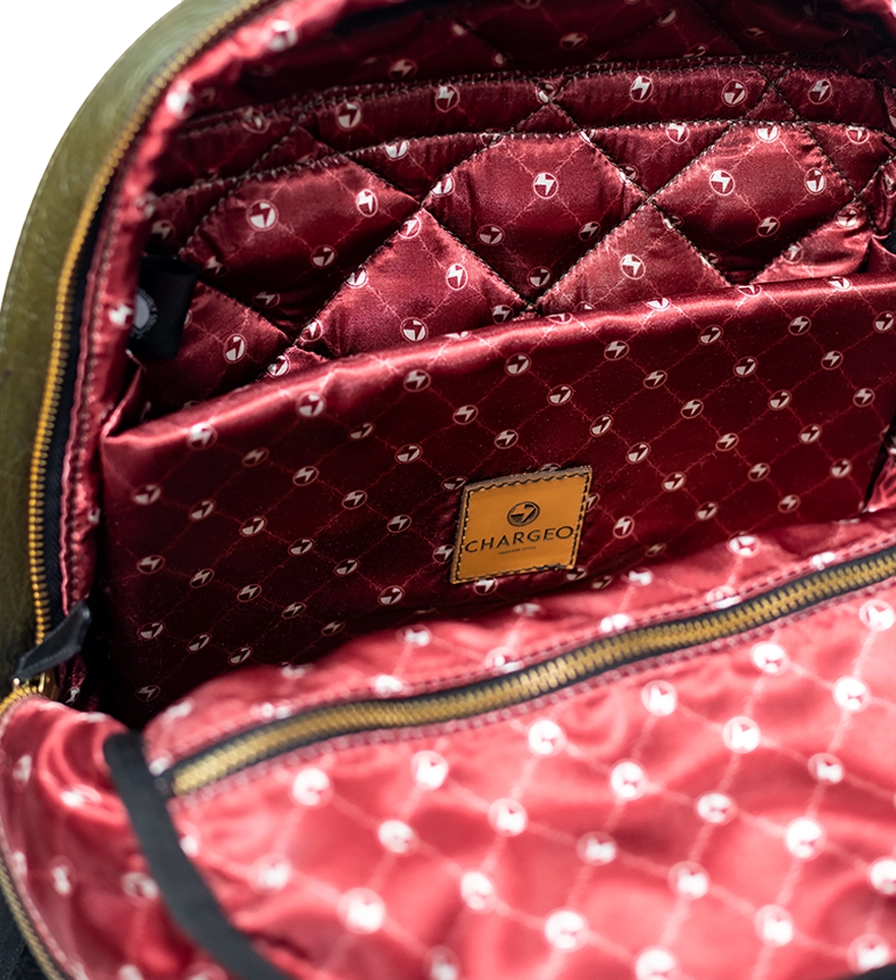 Close Up Inside View of the CHARGEO Morningside Avocado leather backpack Close Up Inside View of the CHARGEO Morningside Avocado leather backpack