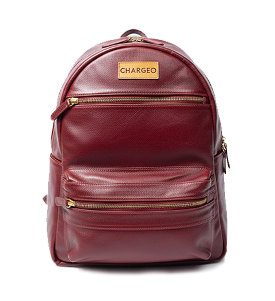Front view of the CHARGEO Morningside RedRuby leather backpack