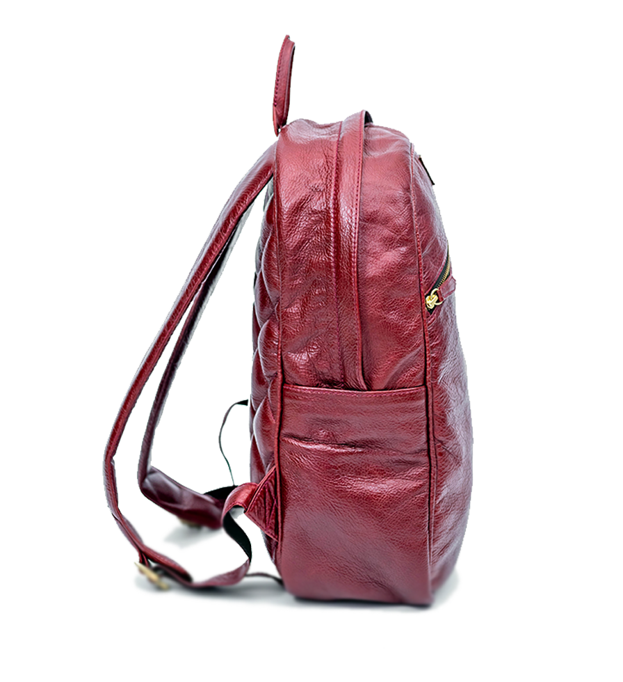 Side view of CHARGEO Pretoria Backpack in RedRuby leather. Side view of CHARGEO Pretoria Backpack in RedRuby leather.