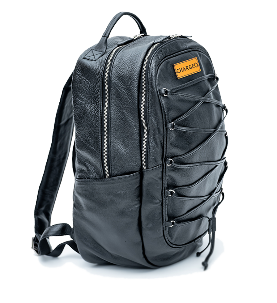 CHARGEO Cape Town luxury Diagonal view of the Charcoal leather backpack
