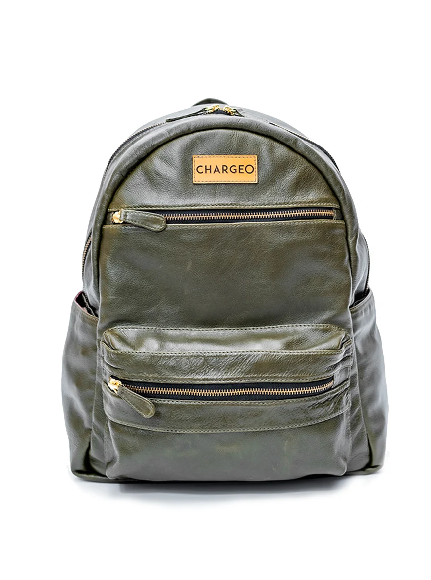 Front view of the CHARGEO Morningside Avocado leather backpack