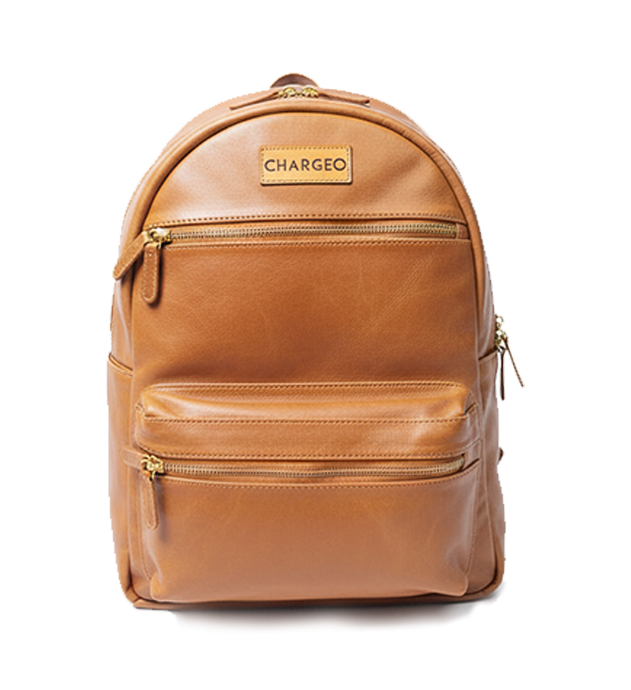Front view of the CHARGEO Morningside Butter Tan leather backpack