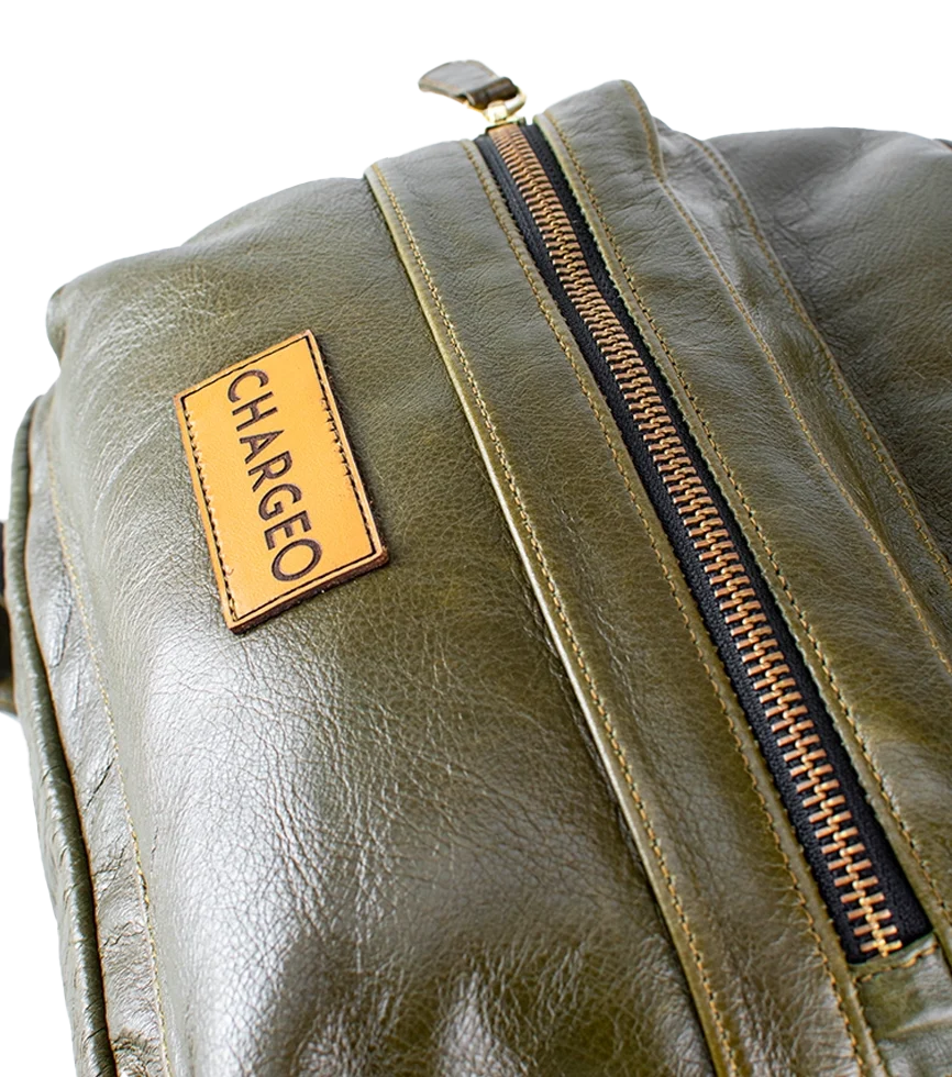 Close Up view of the CHARGEO Morningside Avocado leather backpack