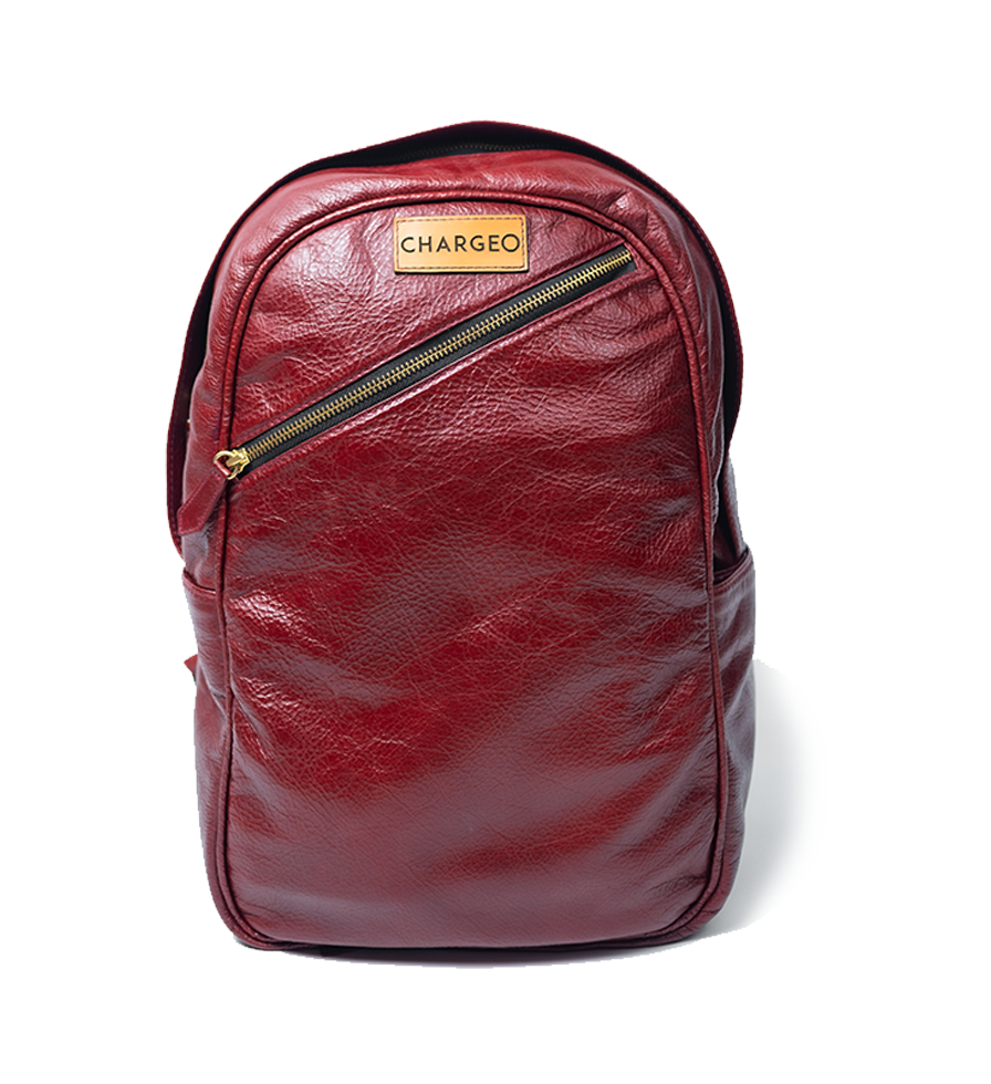 Front view of CHARGEO Pretoria Backpack in RedRuby leather.