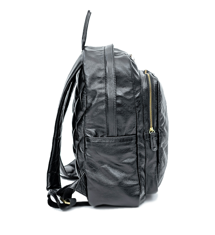 Side view of CHARGEO Park Town Backpack in Charcoal leather. Side view of CHARGEO Park Town Backpack in Charcoal leather.