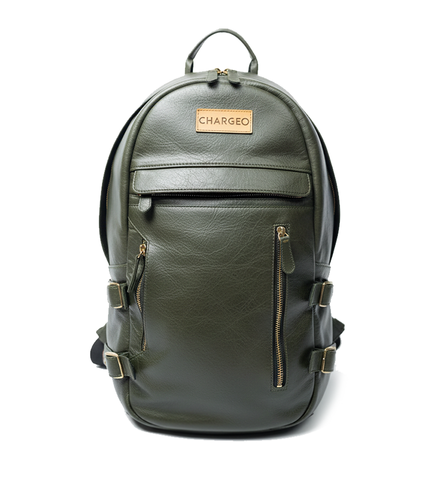 CHARGEO Umhlanga Avocado leather backpack straight full front view.