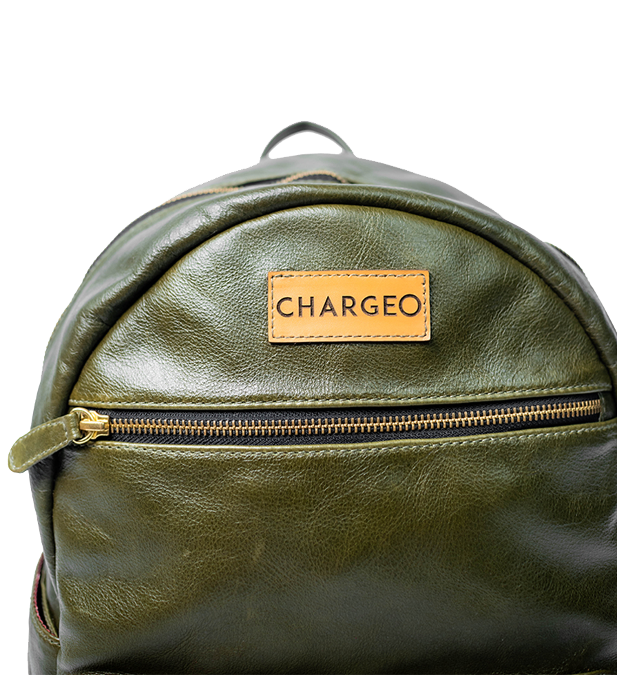 Close Up Front view of the CHARGEO Morningside Avocado leather backpack Close Up Front view of the CHARGEO Morningside Avocado leather backpack