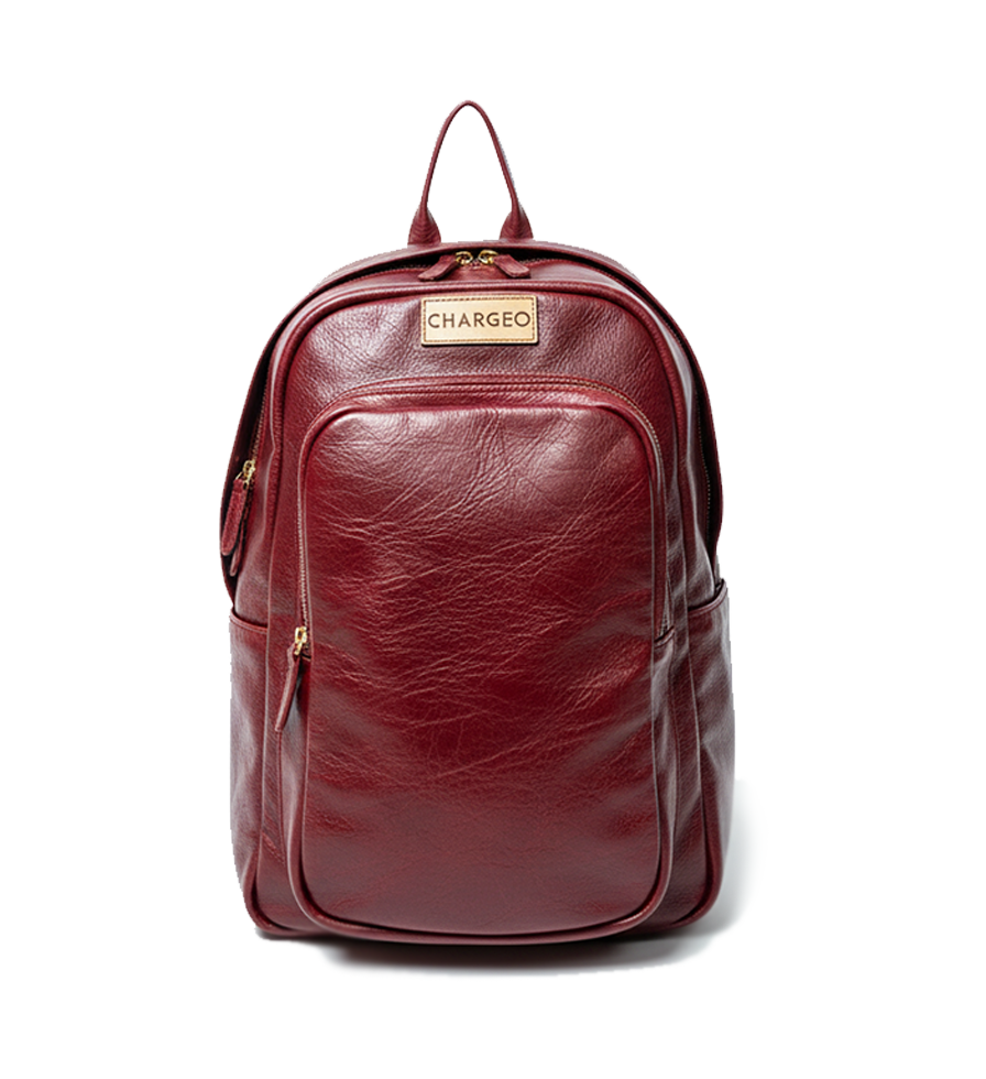 Front view of CHARGEO Park Town Backpack in RedRuby leather.