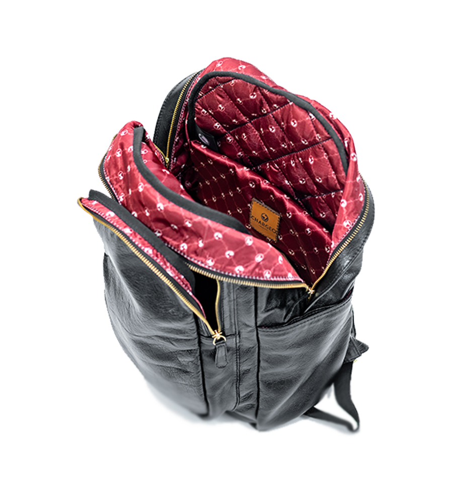 Open view of CHARGEO Park Town Backpack in Charcoal leather. Open view of CHARGEO Park Town Backpack in Charcoal leather.