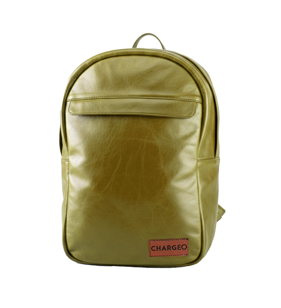 Front view of CHARGEO Waterfall Backpack in Avocado leather.