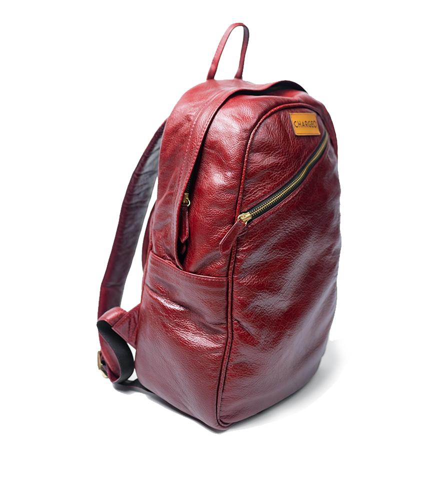 Diagonal view of CHARGEO Pretoria Backpack in RedRuby leather. Diagonal view of CHARGEO Pretoria Backpack in RedRuby leather.
