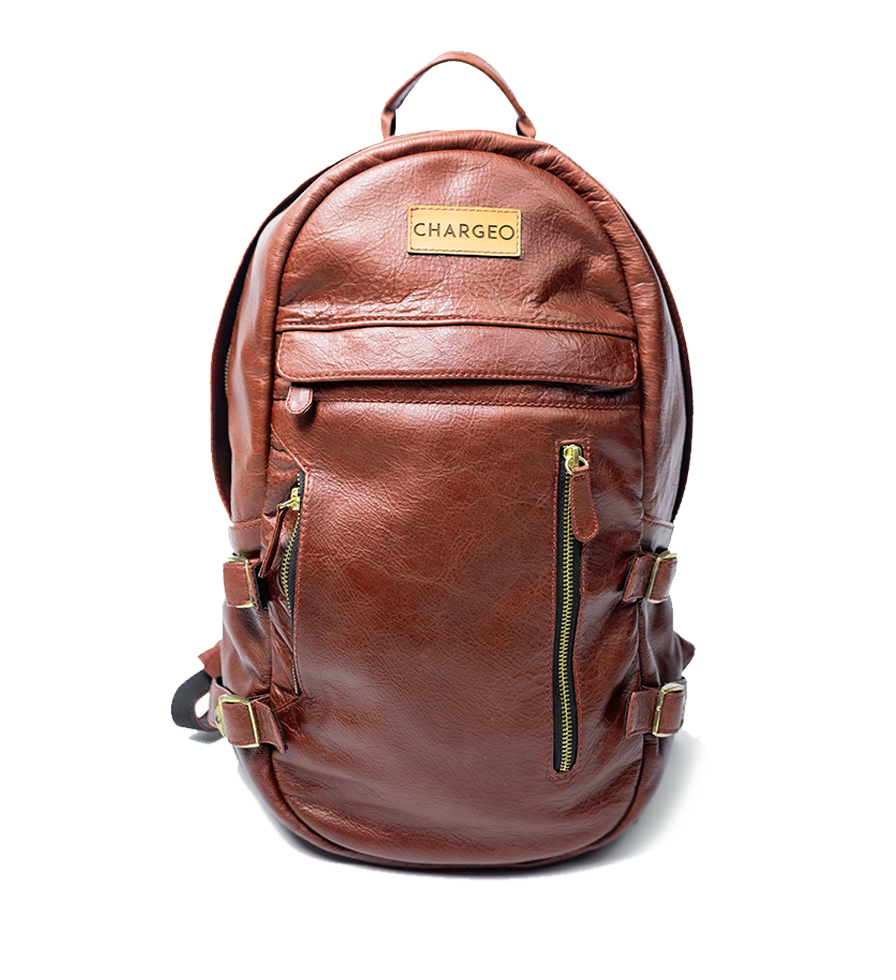 CHARGEO Umhlanga Cognac leather backpack Front View