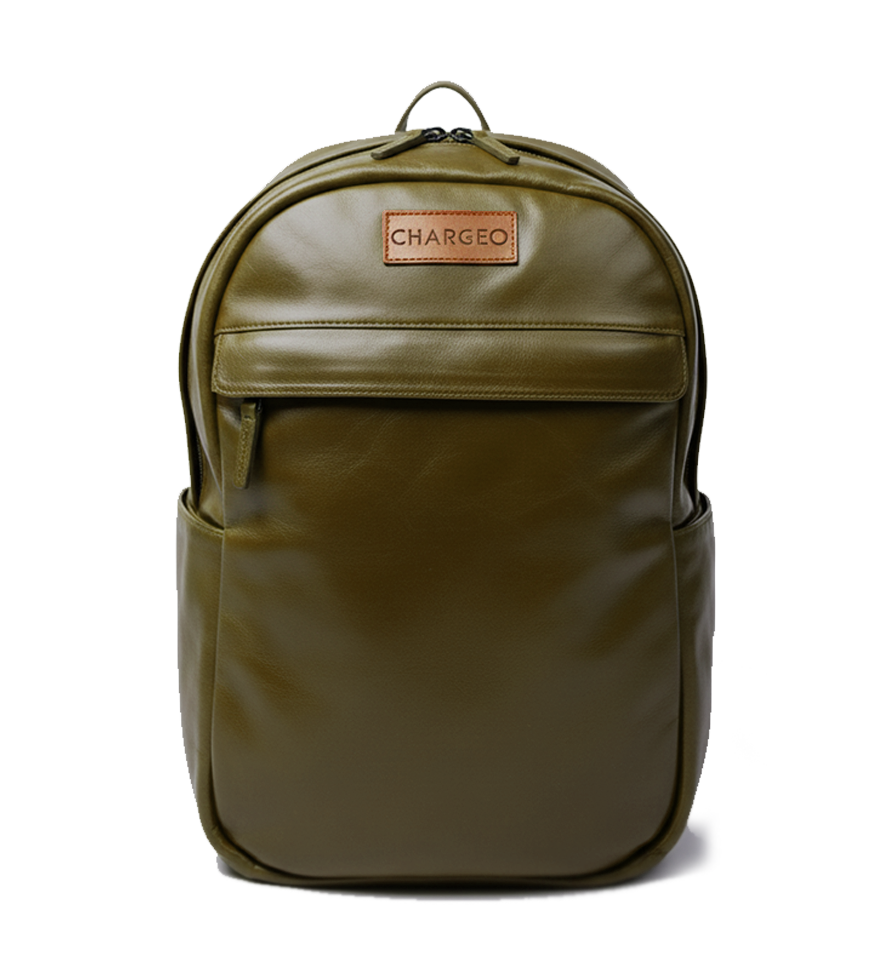 Front view of CHARGEO Waterfall Backpack in Avocado leather