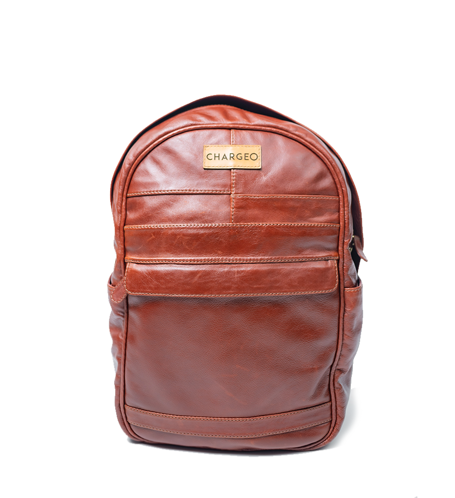 Front view of CHARGEO Sandton Backpack in Cognac leather.