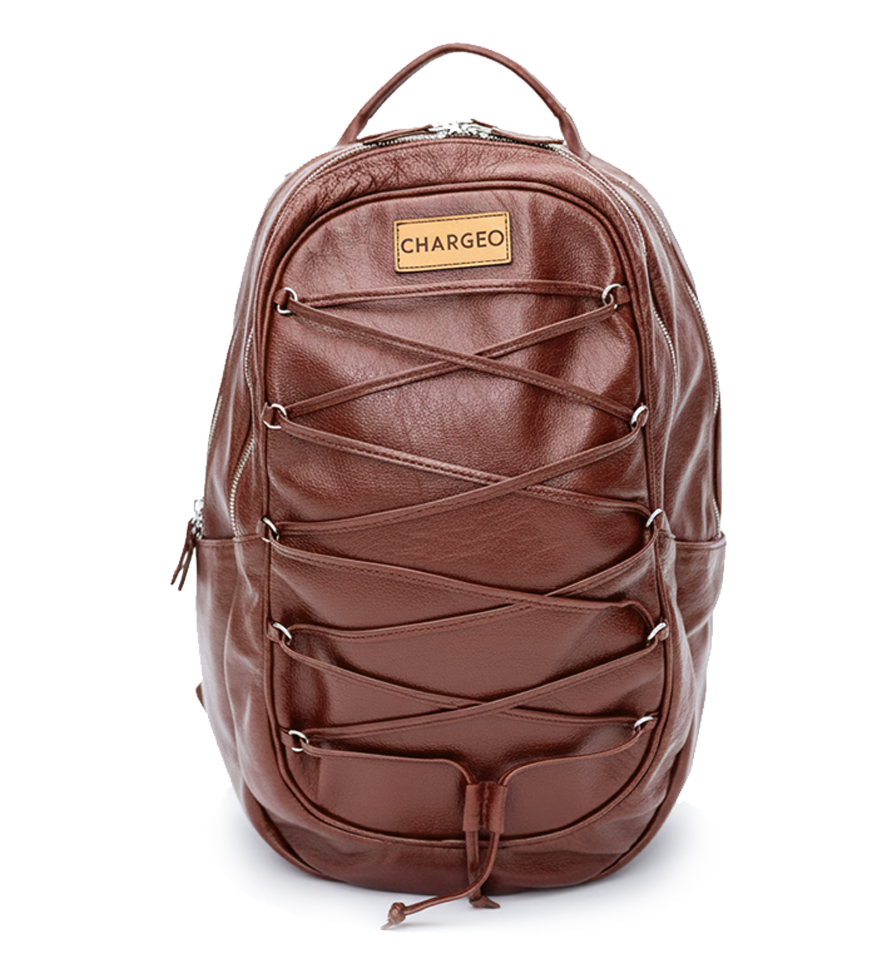 CHARGEO Cape Town luxury Front view of the Cognac leather backpack