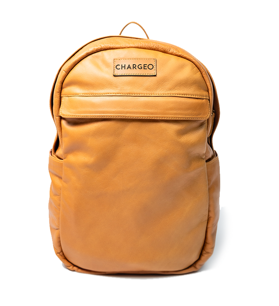 Front view of CHARGEO Waterfall Backpack in Butter Tan leather