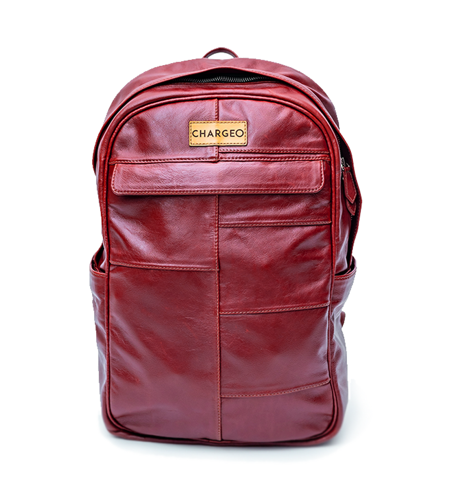 CHARGEO Stellenbosch RedRuby leather backpack front view