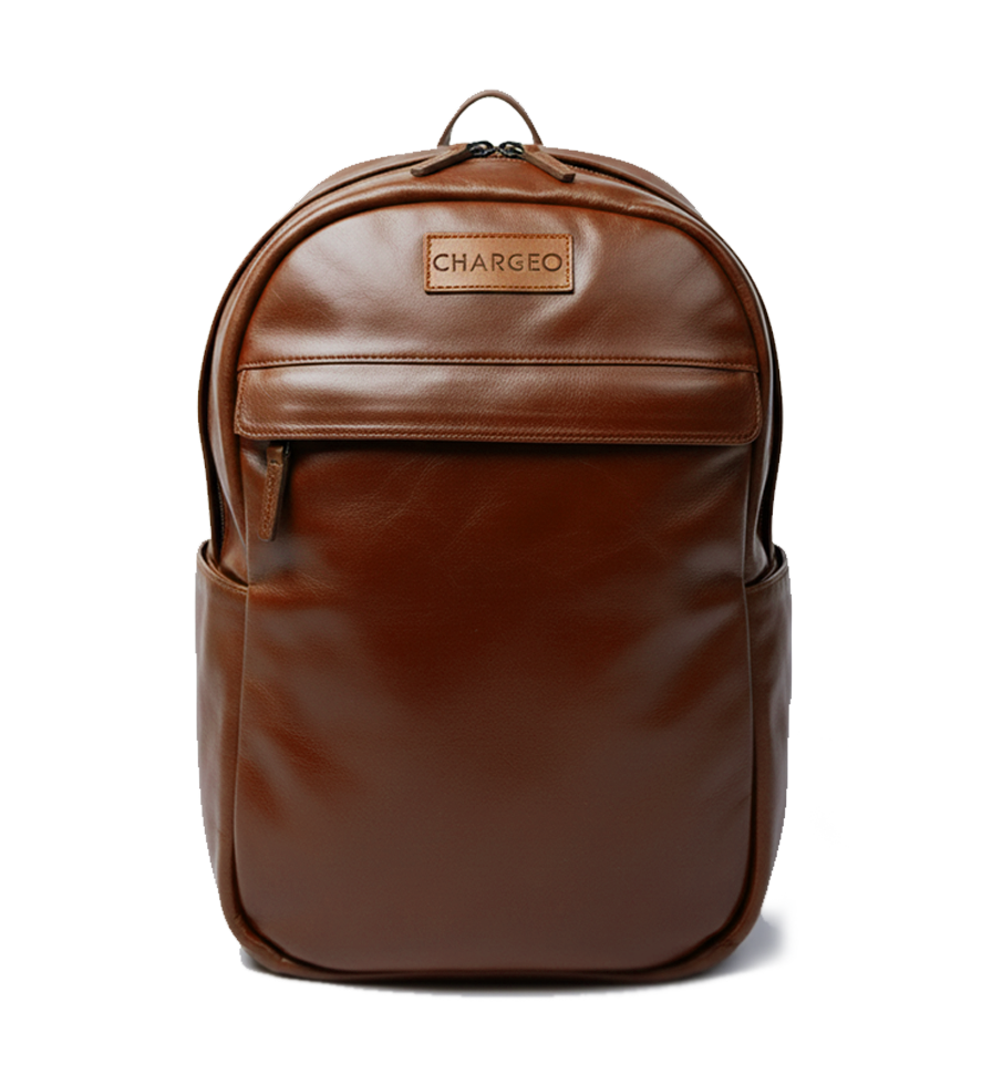 Front view of CHARGEO Waterfall Backpack in Cognac leather