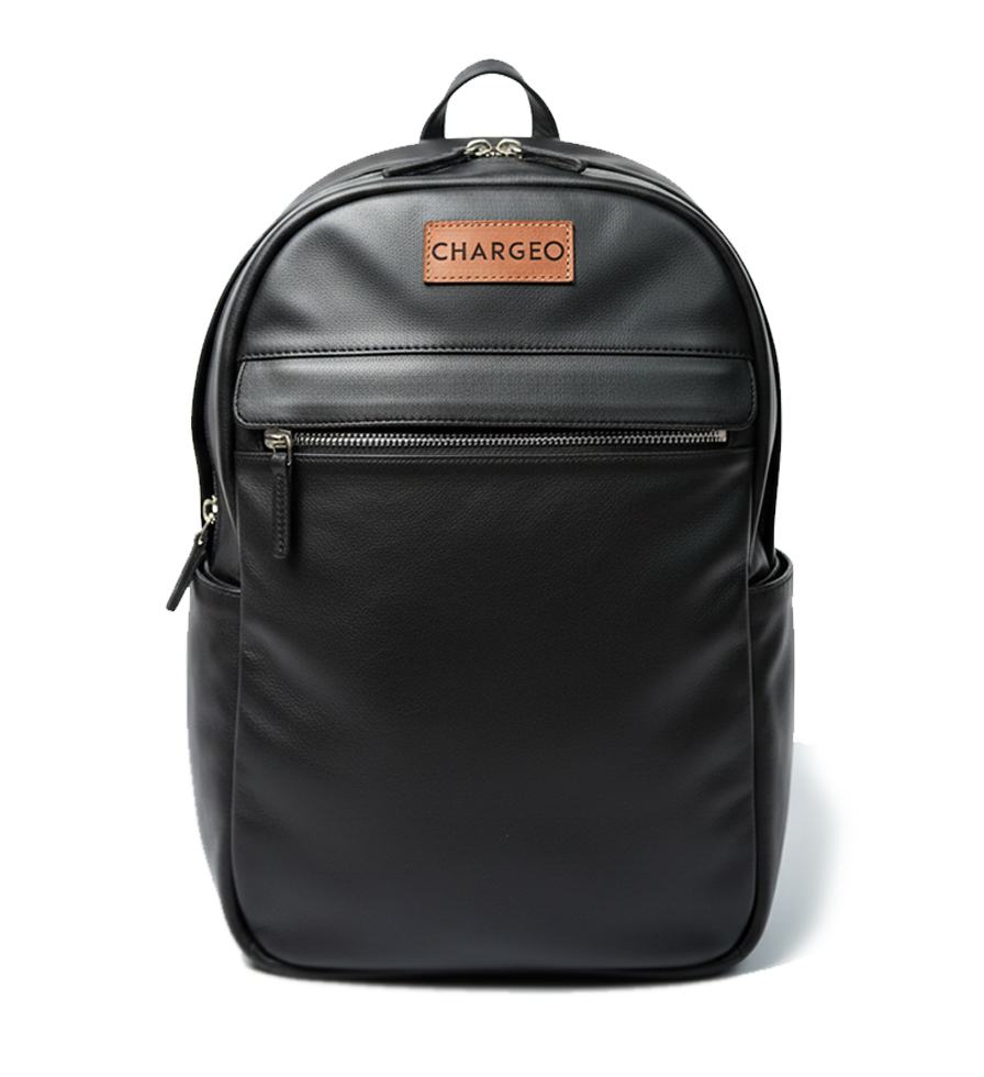 Front view of CHARGEO Waterfall Backpack in Charcoal leather
