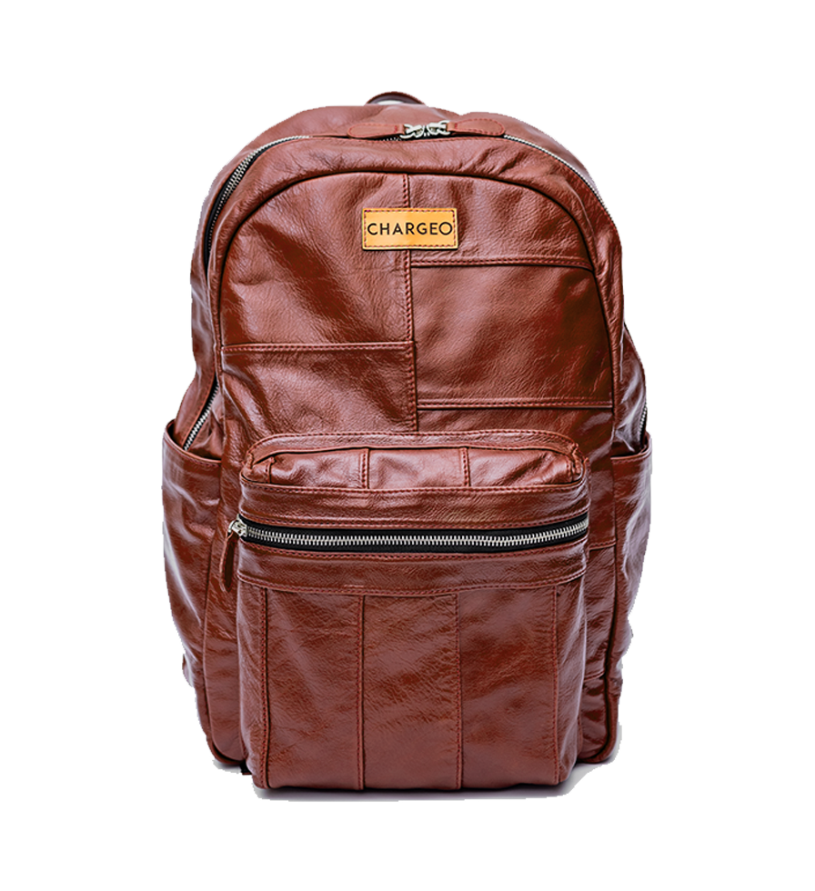 CHARGEO Leather Westville Backpack Cognac front view.