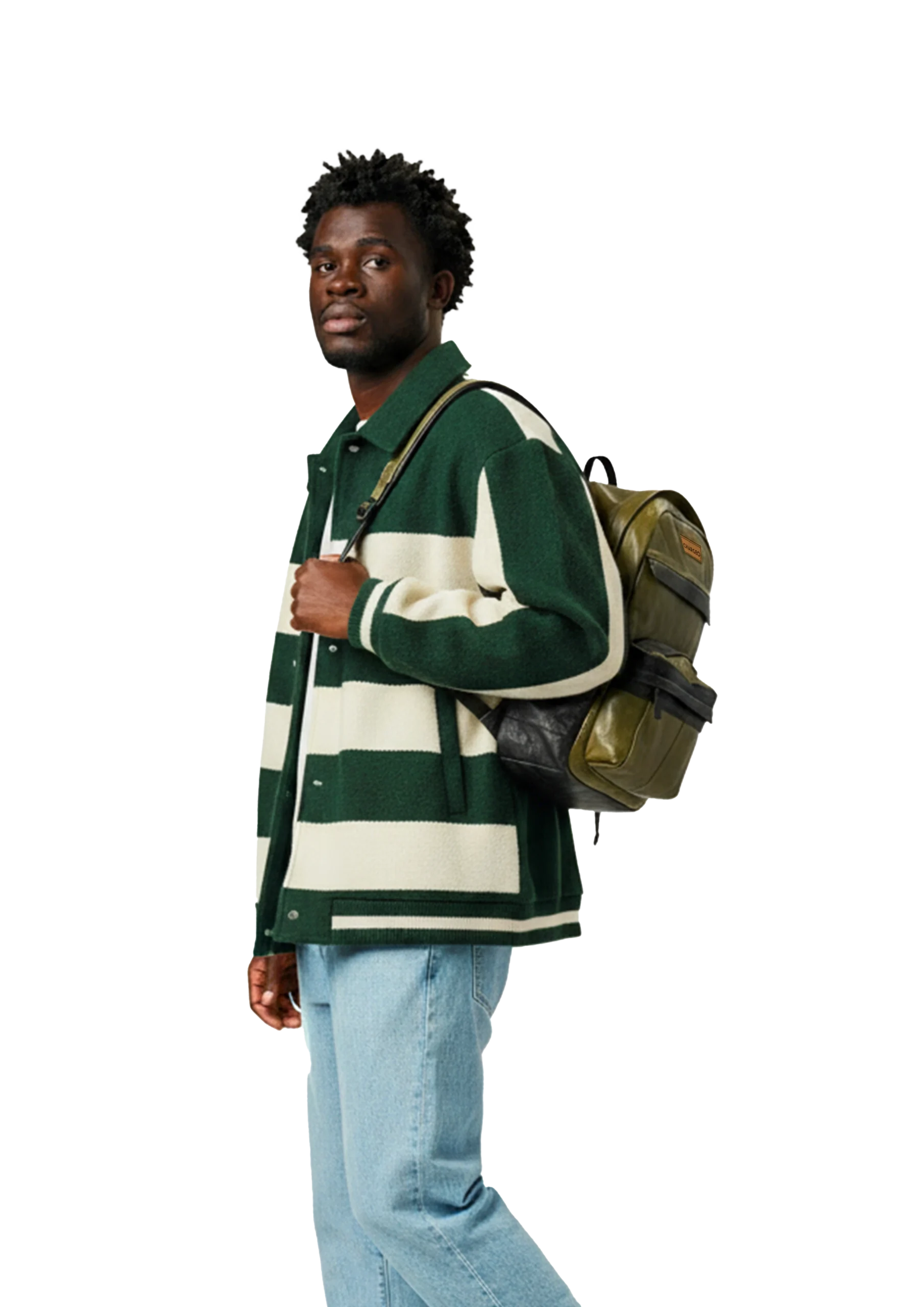 A man wearing the CHARGEO Centurion avocado and navy backpack on the Stellenbosch University campus