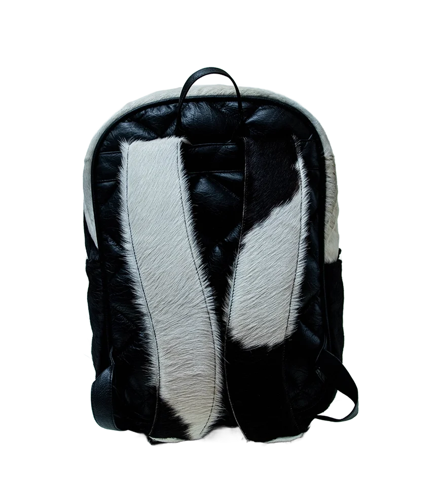 Back view CHARGEO Zulu Treasure Backpack in cowhide leather with Charcoal and white pattern