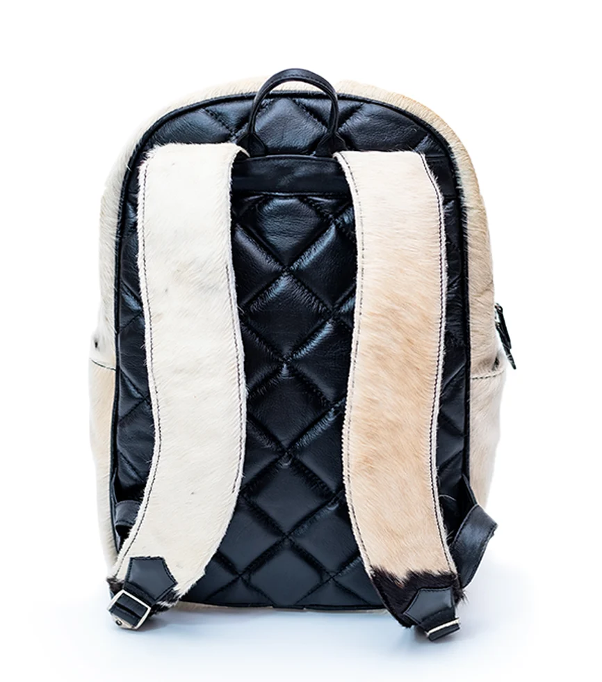 Back view CHARGEO Zulu Treasure Backpack in cowhide with Charcoal and white pattern