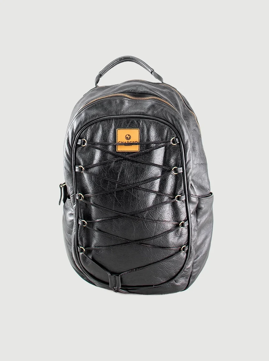 CHARGEO Cape Town luxury Fron view of the Charcoal leather backpack with utility lacing