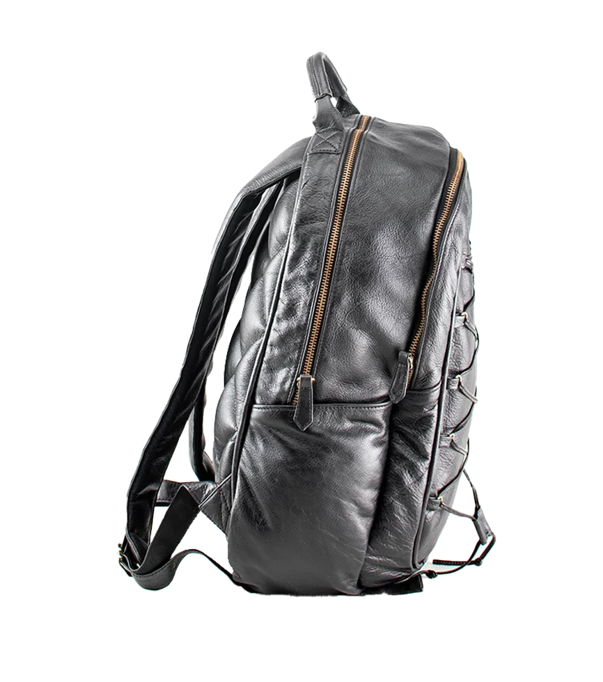 CHARGEO Cape Town luxury Side view of the Charcoal leather backpack