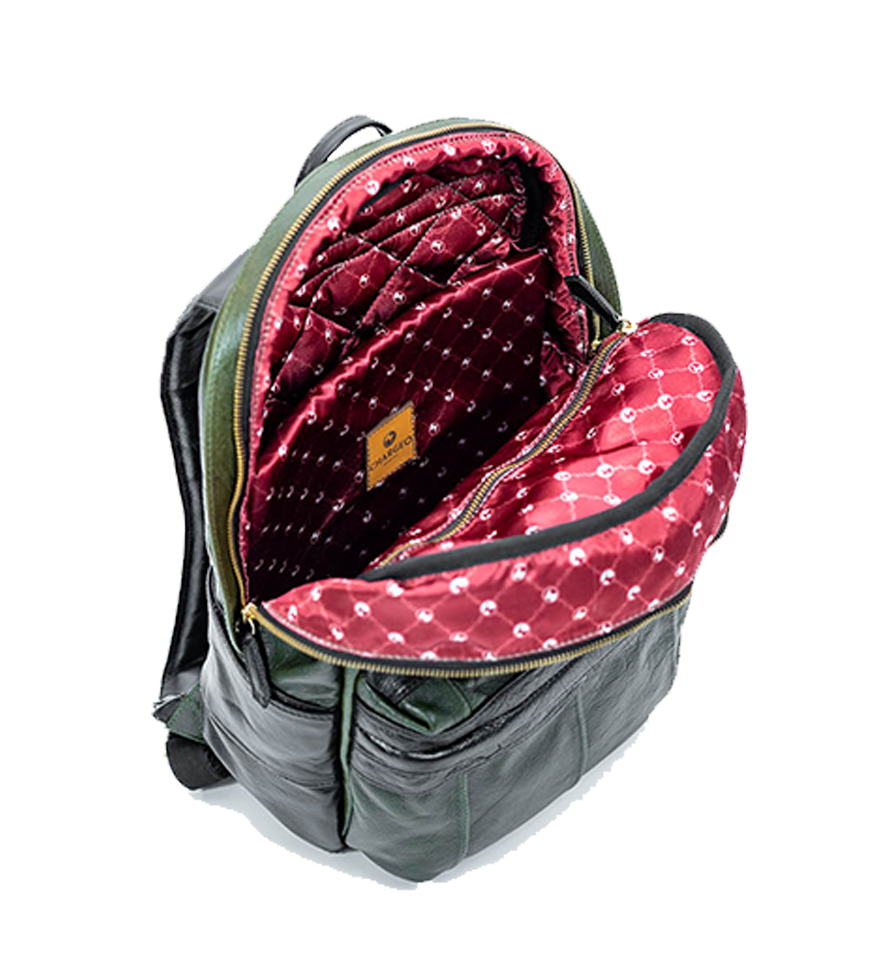 CHARGEO Leather Bag Centurion Avocado Opened Zipper Top View CHARGEO Leather Bag Centurion Avocado Opened Zipper Top View