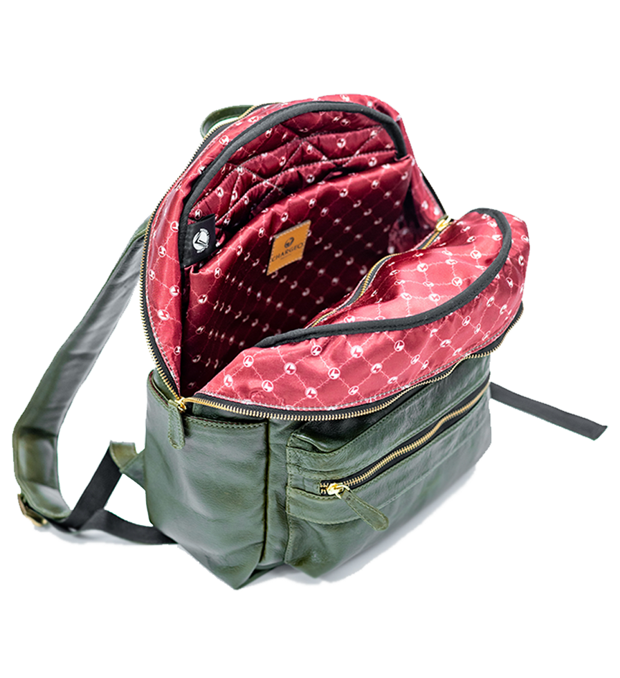 CHARGEO Leather Bag Morningside Avocado Opened Zipper Top View